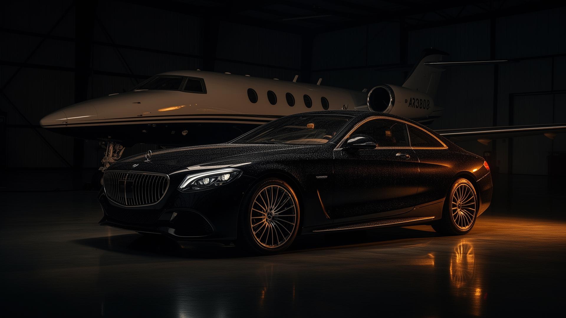 Luxury car beside a private jet in a hangar